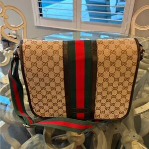 Gucci Beige Canvas Crossbody Bag with Green and Red Stripe